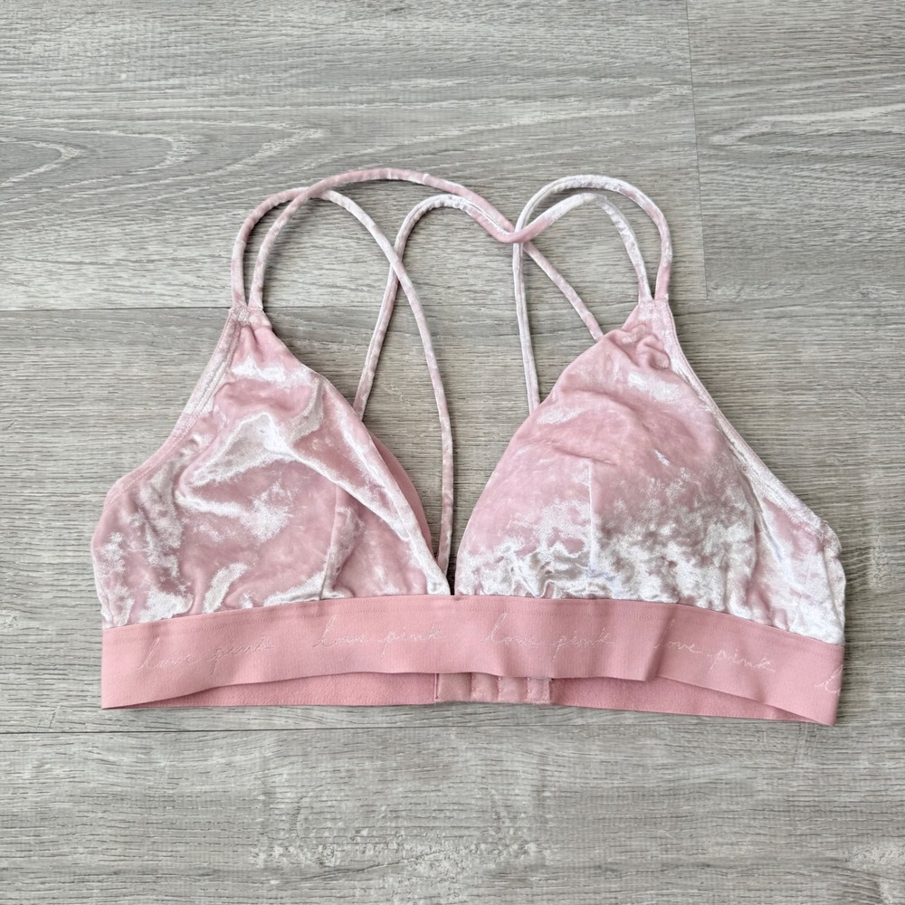 Pink Victoria's Secret Velvet Bralette Strappy Back Triangle Bra XL Light Pink